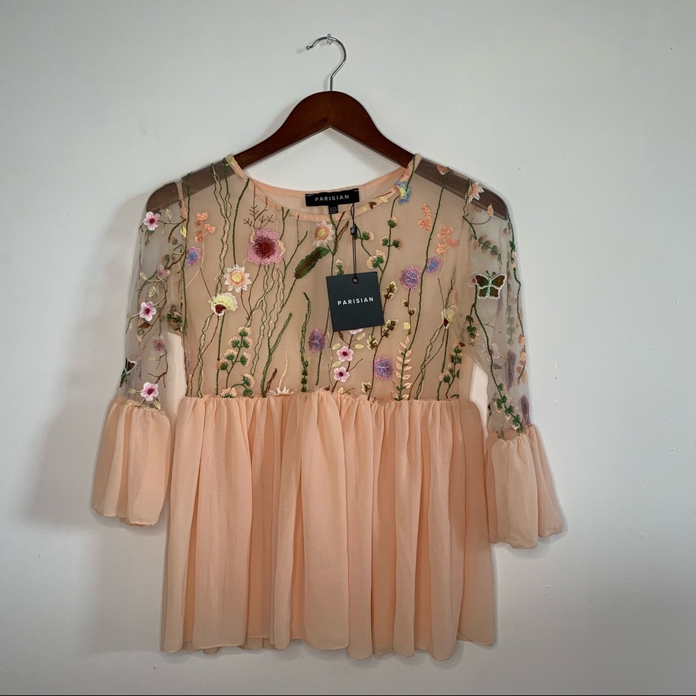 NWT Embroidered Floral Chiffon Blouse